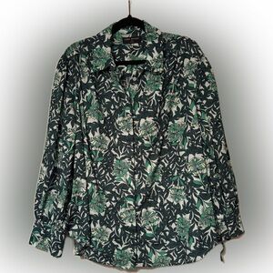 Lane Bryant Sz 18/20 Shades of Green Floral Button Down Cotton Blouse